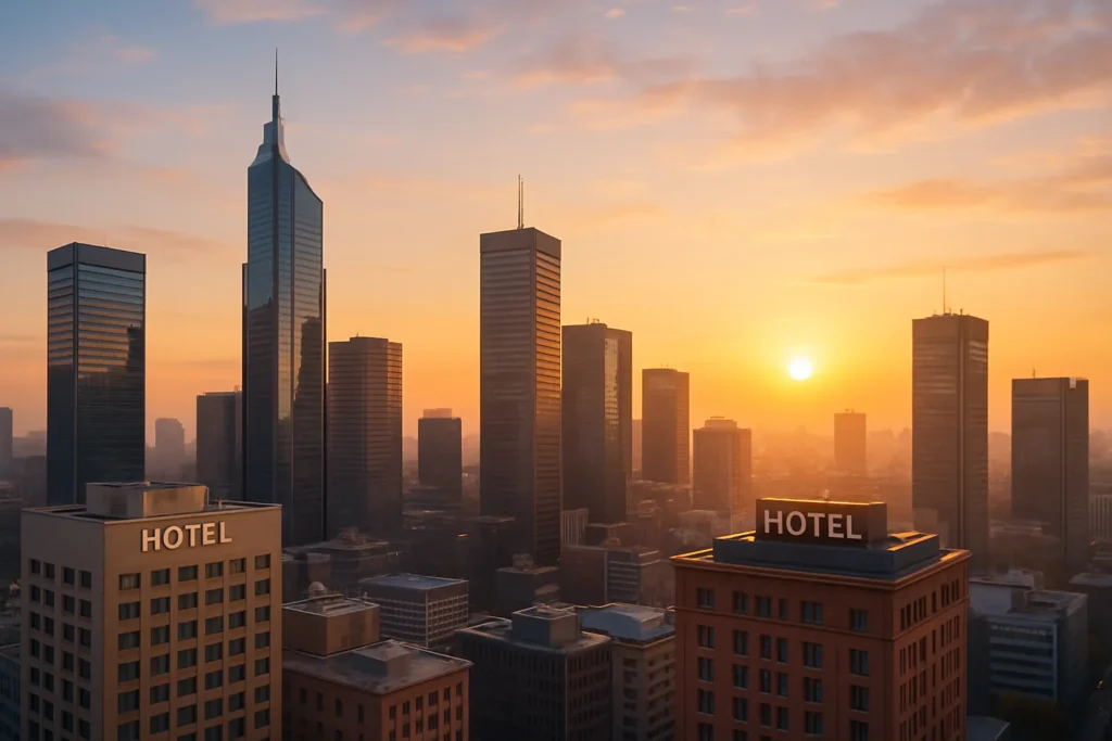 a city business district with a sunset