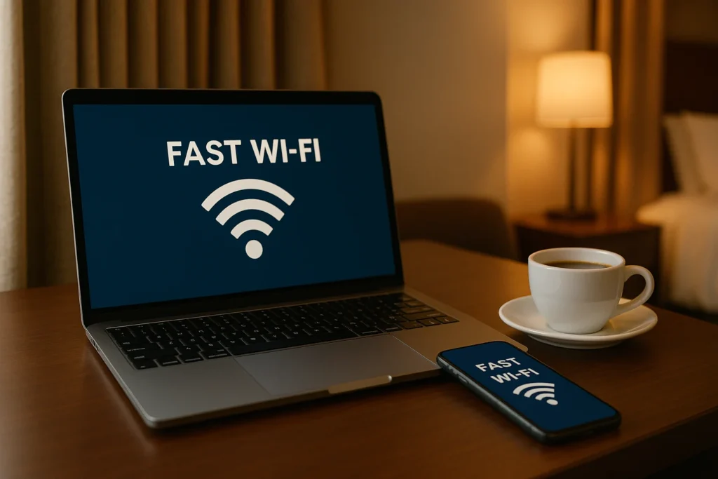 a laptop and phone on a table in a business hotel