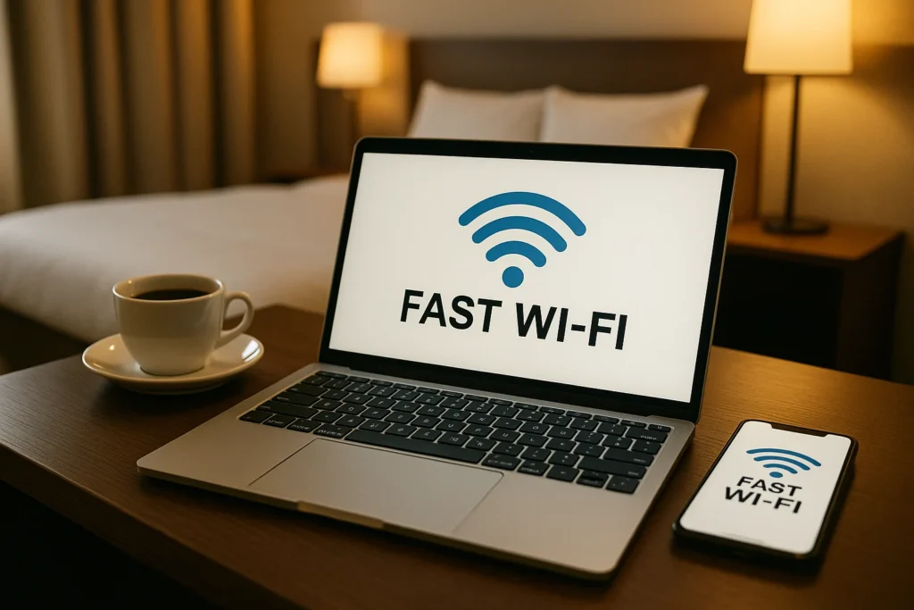 a laptop and phone on a table in business travel accommodations