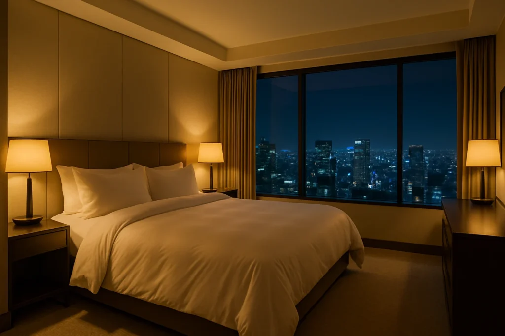 a bedroom with a large window and a Toronto city view