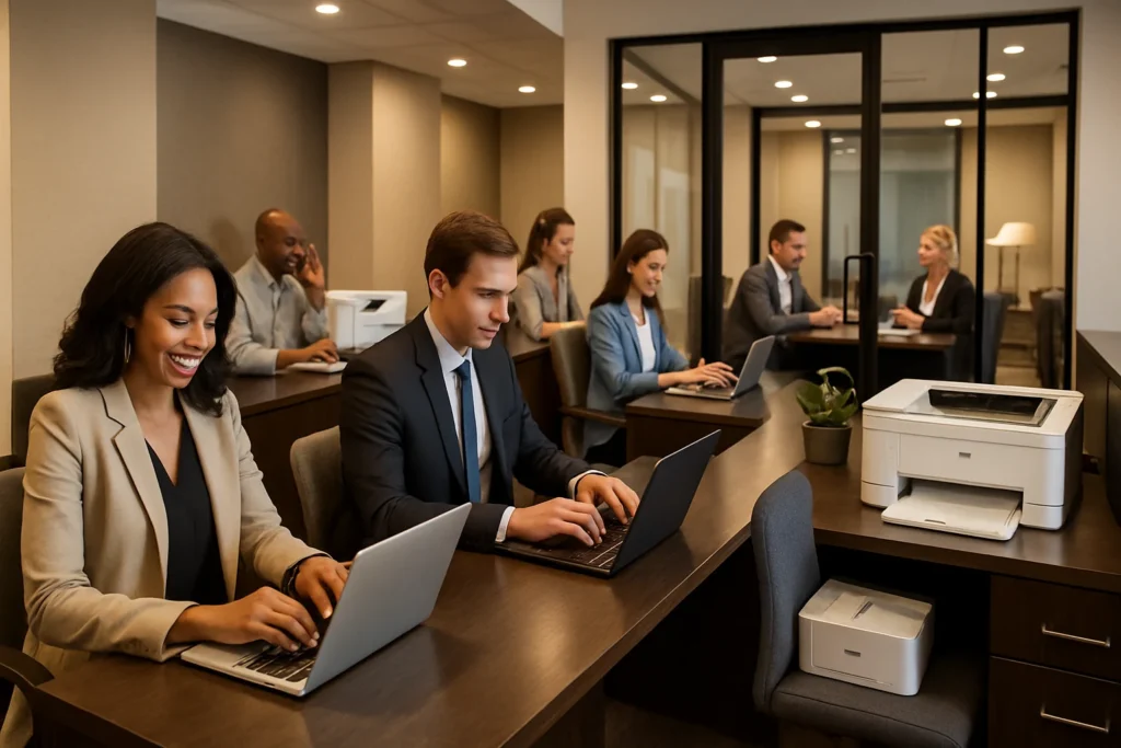 a group of people sitting at tables using laptops on business accommodations
