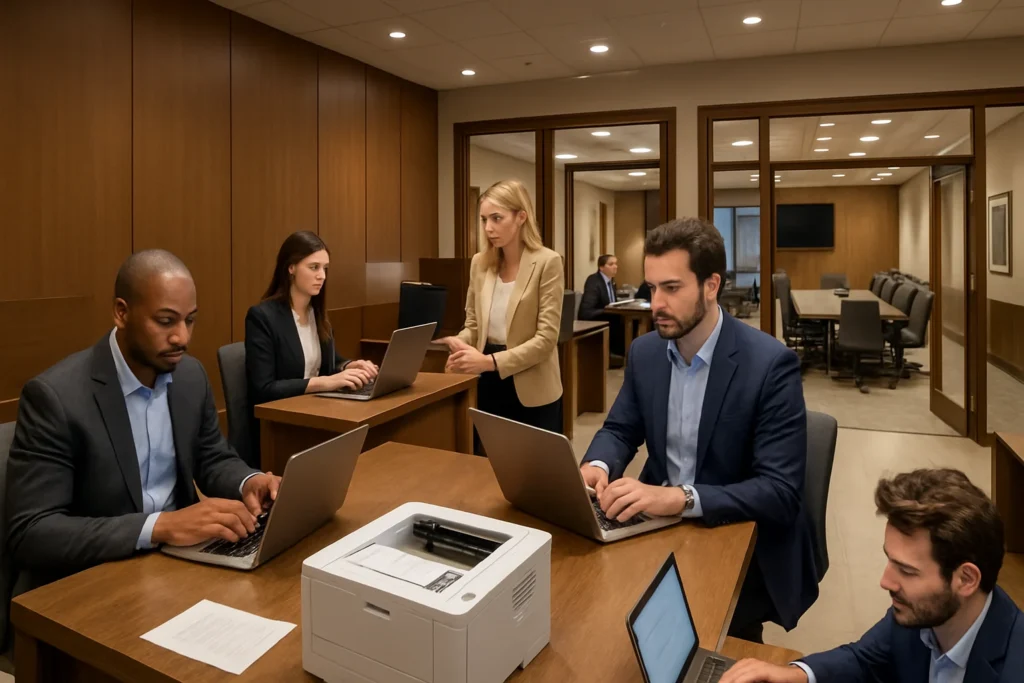 a group of people sitting at a table with laptops