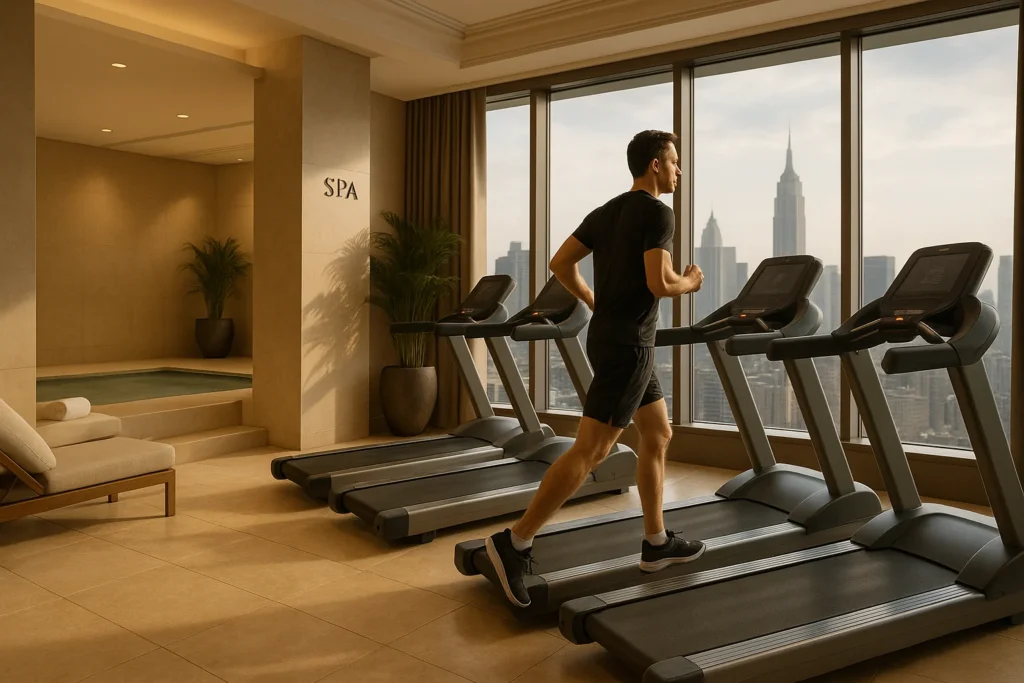 a man running on treadmills in a hotel gym