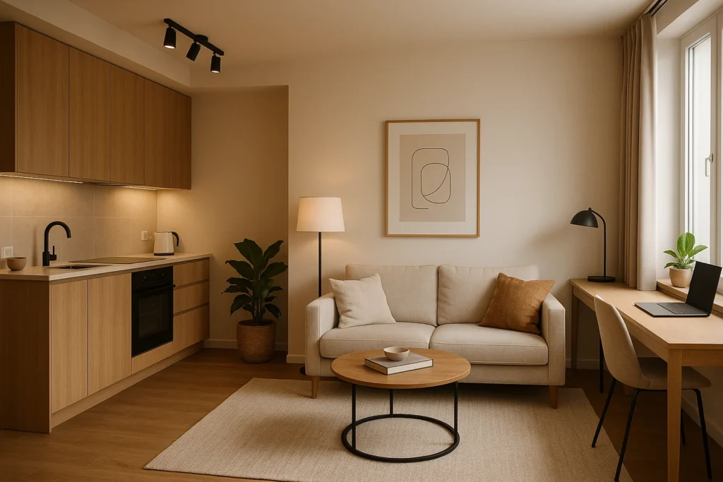 comfort living room with a couch and a table in a business hotel room
