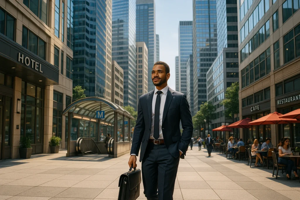 a business man in a suit holding a briefcase behind a Toronto business hotel