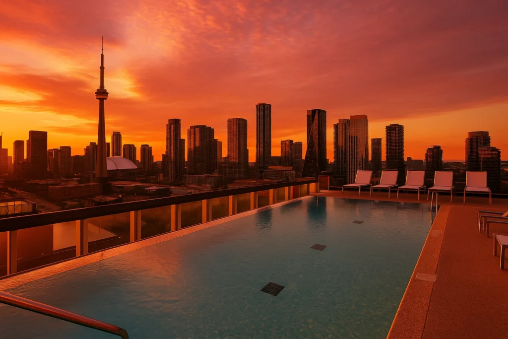 Rooftop infinity-pool scene at 1 Hotel Toronto at sunset, CN Tower on horizon.