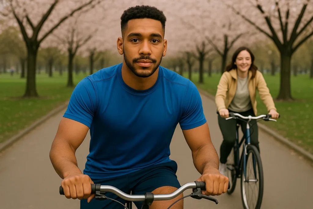 Lennox Calder cycling through Trinity Bellwoods Park past spring cherry blossoms.