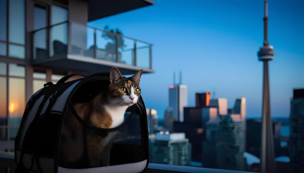 Cat watching skyline from Delta Toronto balcony