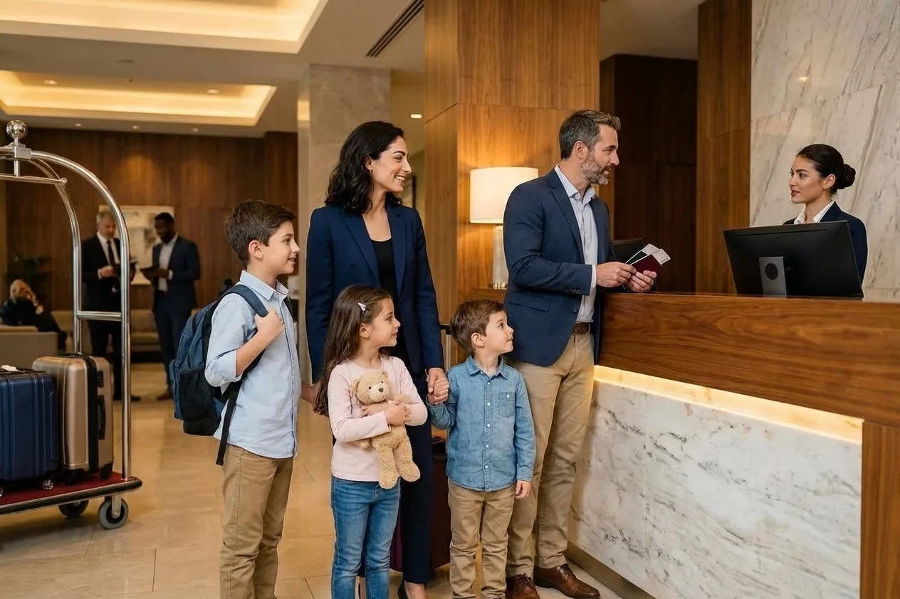 Family at hotel reception with wheelchair