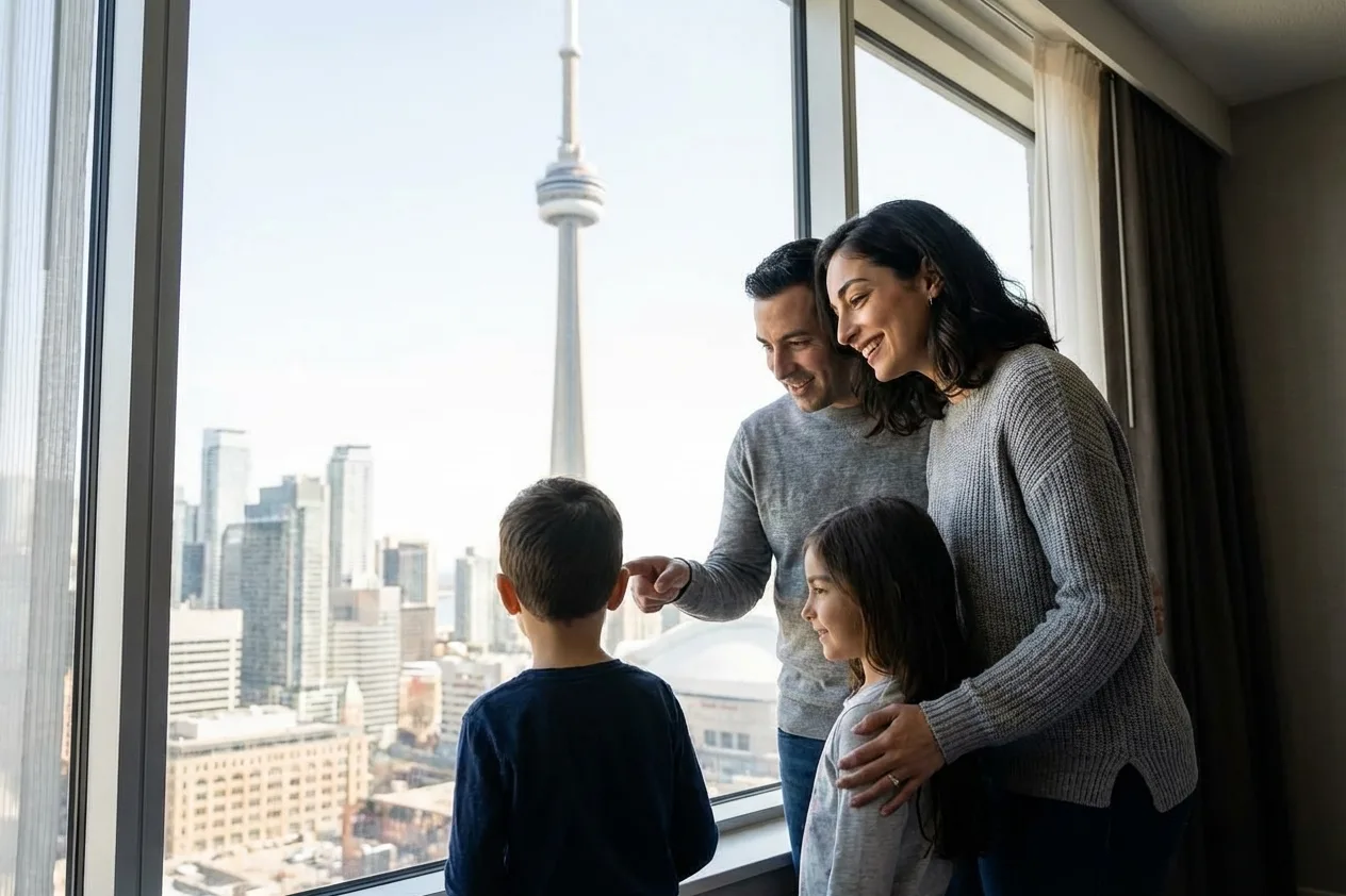 Family at window with CN Tower view