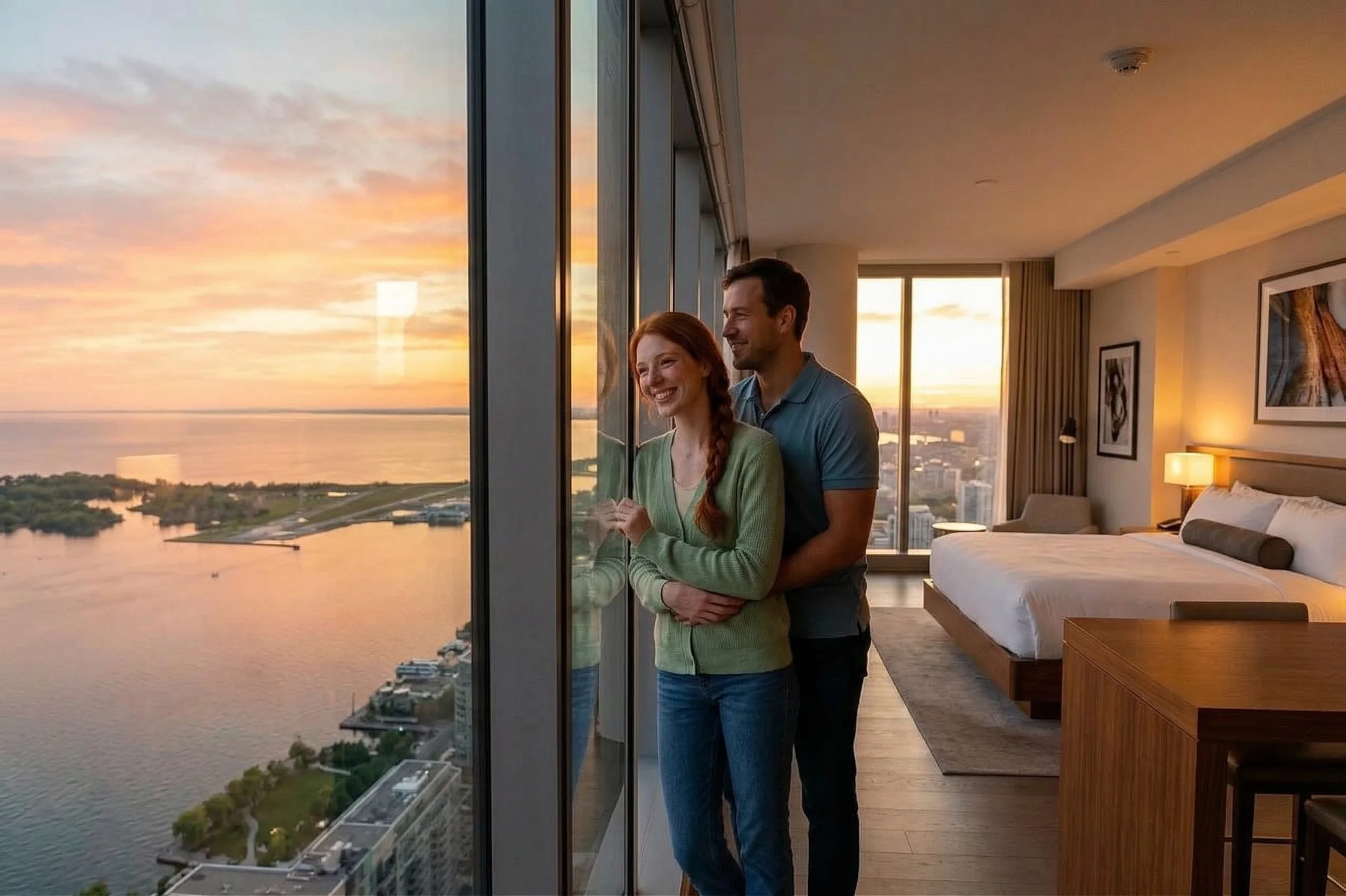 Isla and Marcus enjoying lake view sunset from Hotel X Toronto room