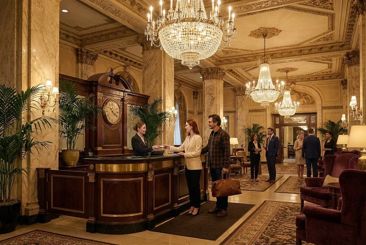 Couple arriving at grand heritage hotel lobby in Toronto