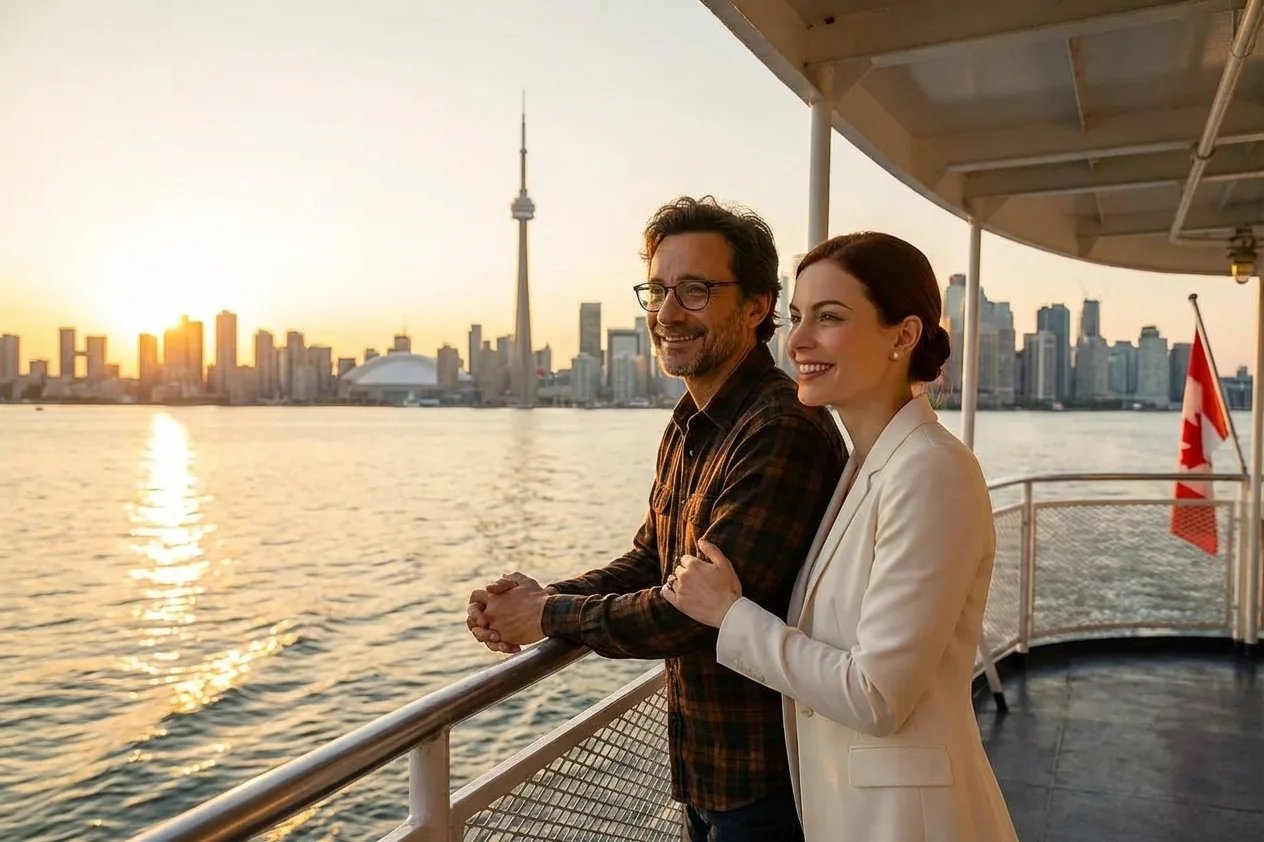 Couple on Toronto Islands ferry with city skyline at sunset