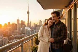 Couple enjoying romantic Toronto skyline view from hotel balcony at sunset