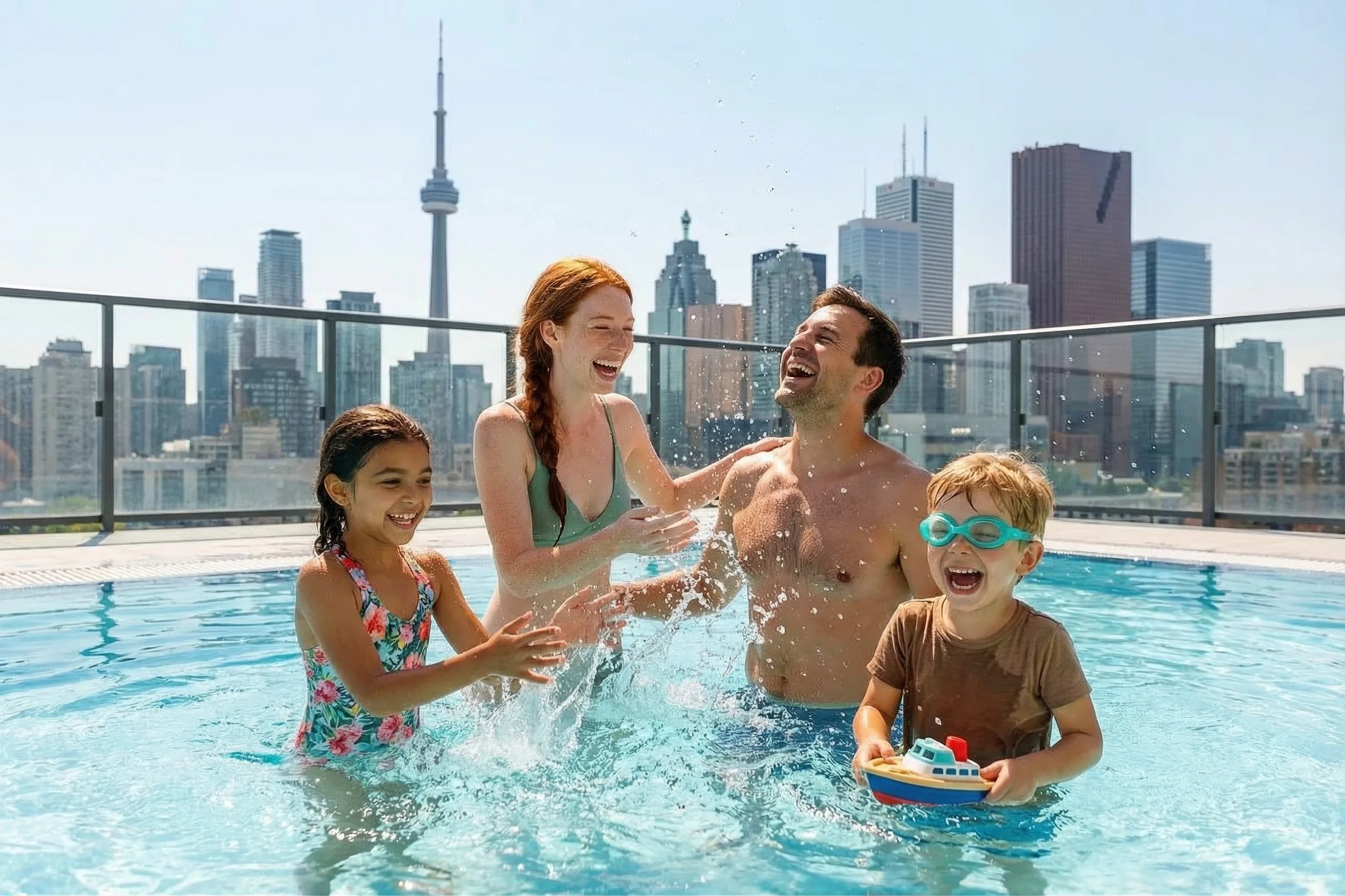 Toronto hotels with rooftop pool - family enjoying a swim with city skyline views