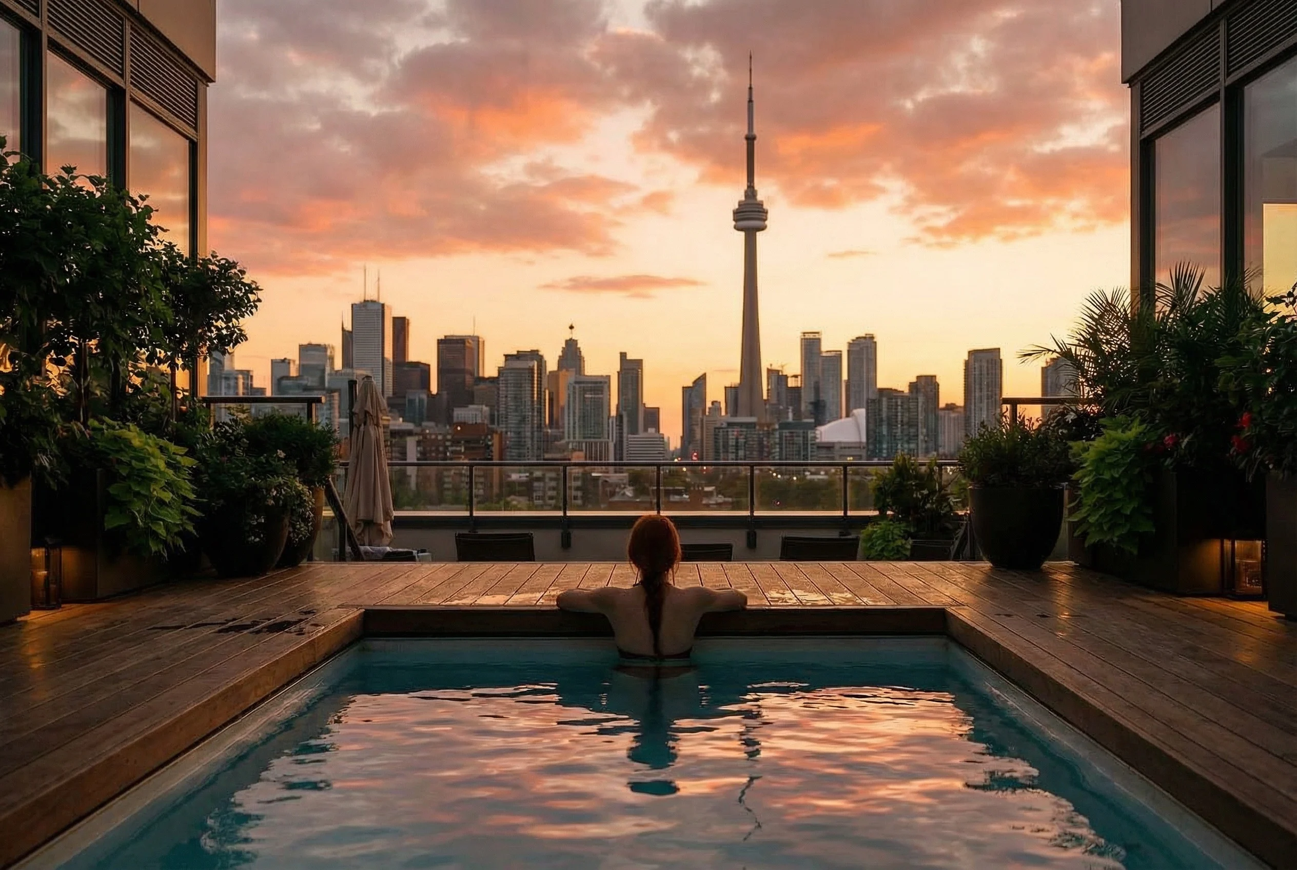 Toronto hotels with rooftop pool - woman relaxing in a plunge pool at sunset