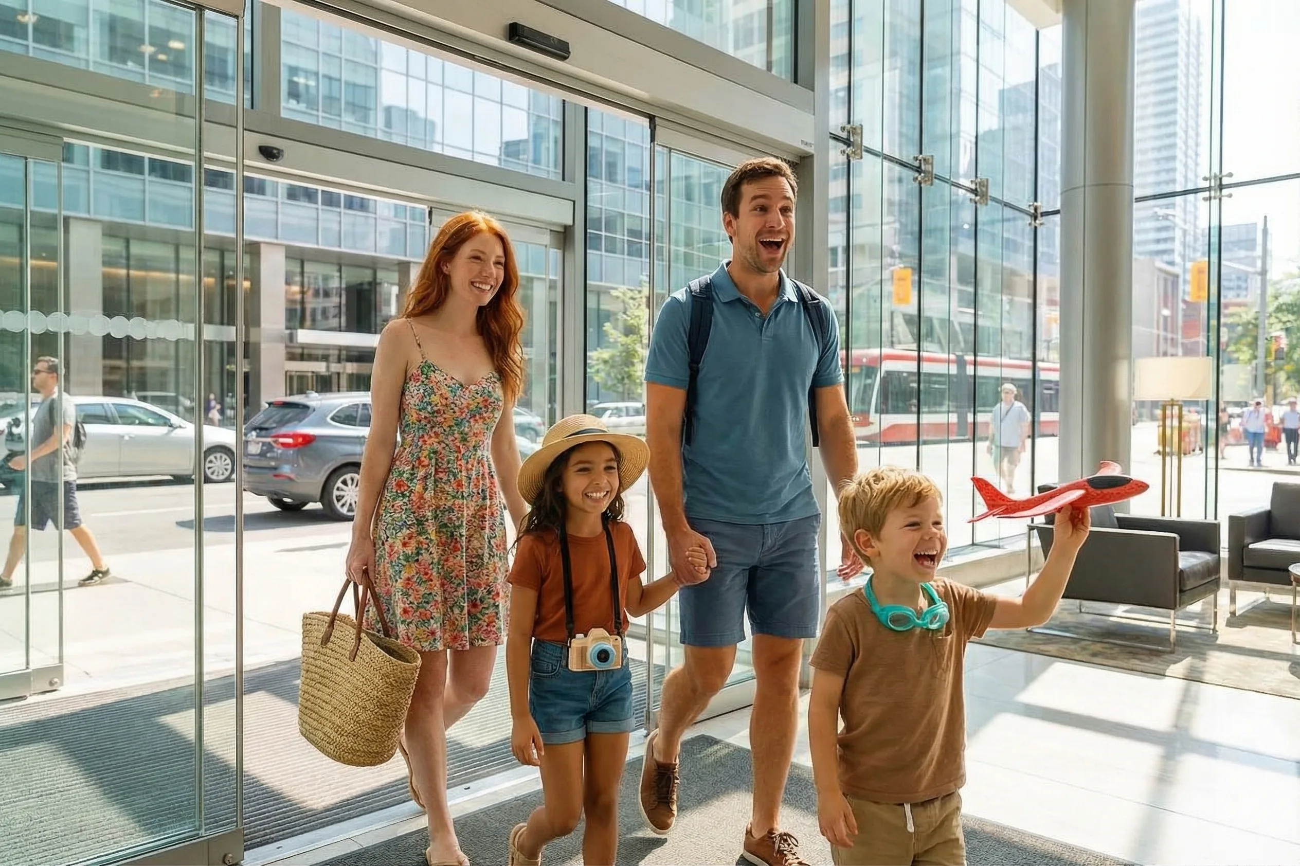 Family arriving at a luxury Toronto hotel for a summer rooftop pool getaway