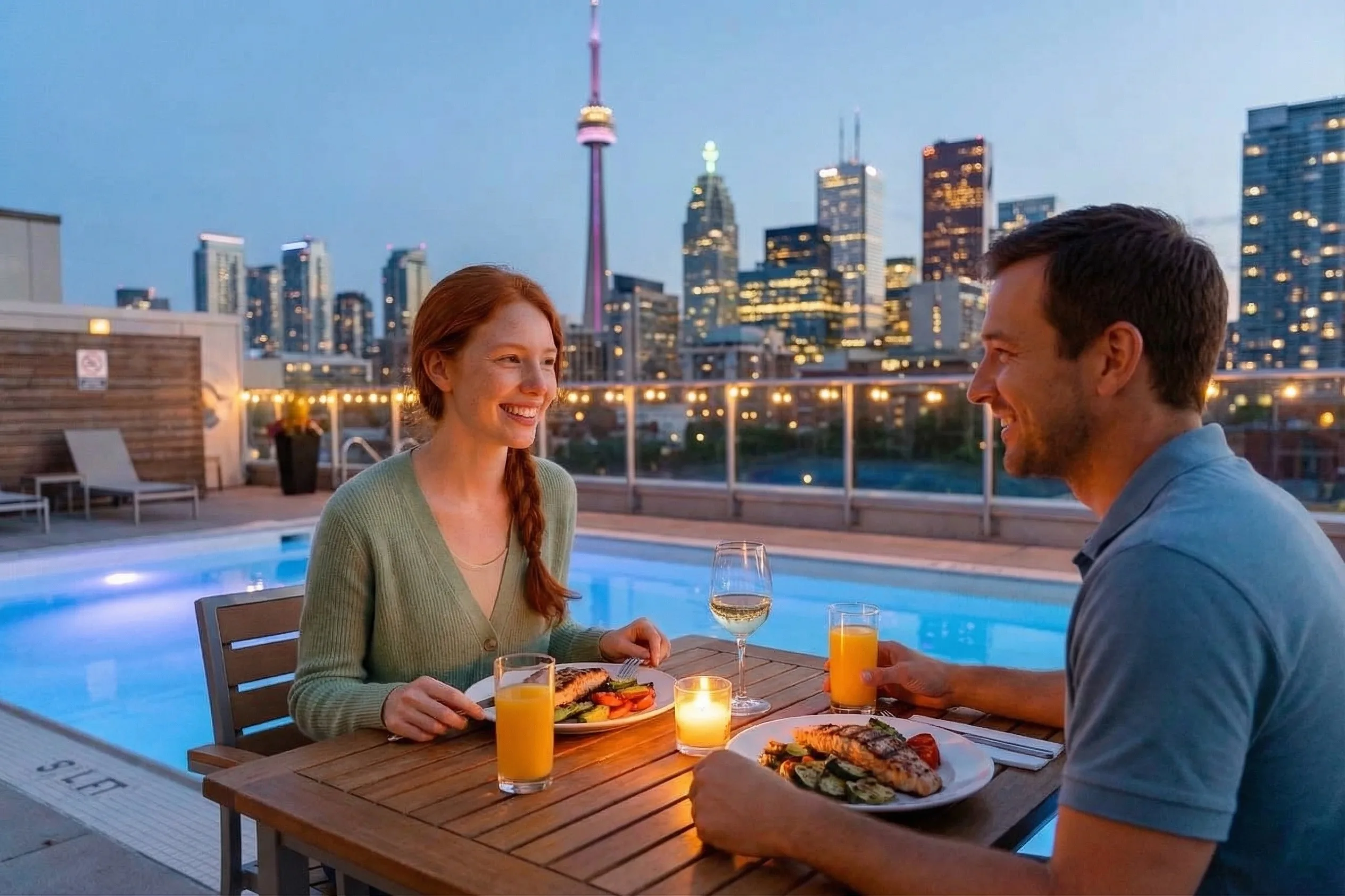 Couple enjoying poolside dining at a Toronto hotel rooftop terrace at dusk