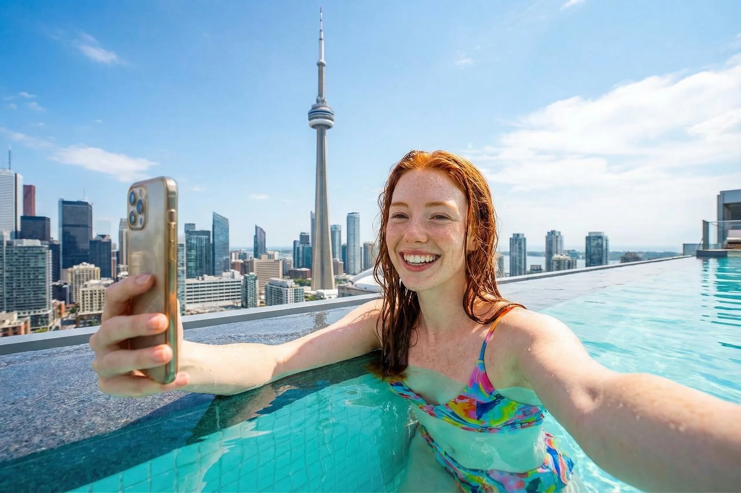 Selfie at the infinity edge of a Toronto rooftop pool with CN Tower behind