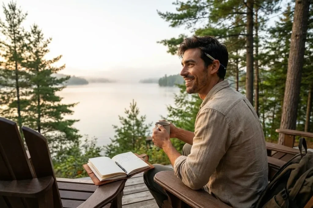 Morning coffee with Lake Rosseau mist view from Muskoka resort deck