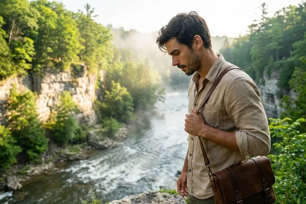 Traveller overlooking the dramatic Elora Gorge limestone canyon