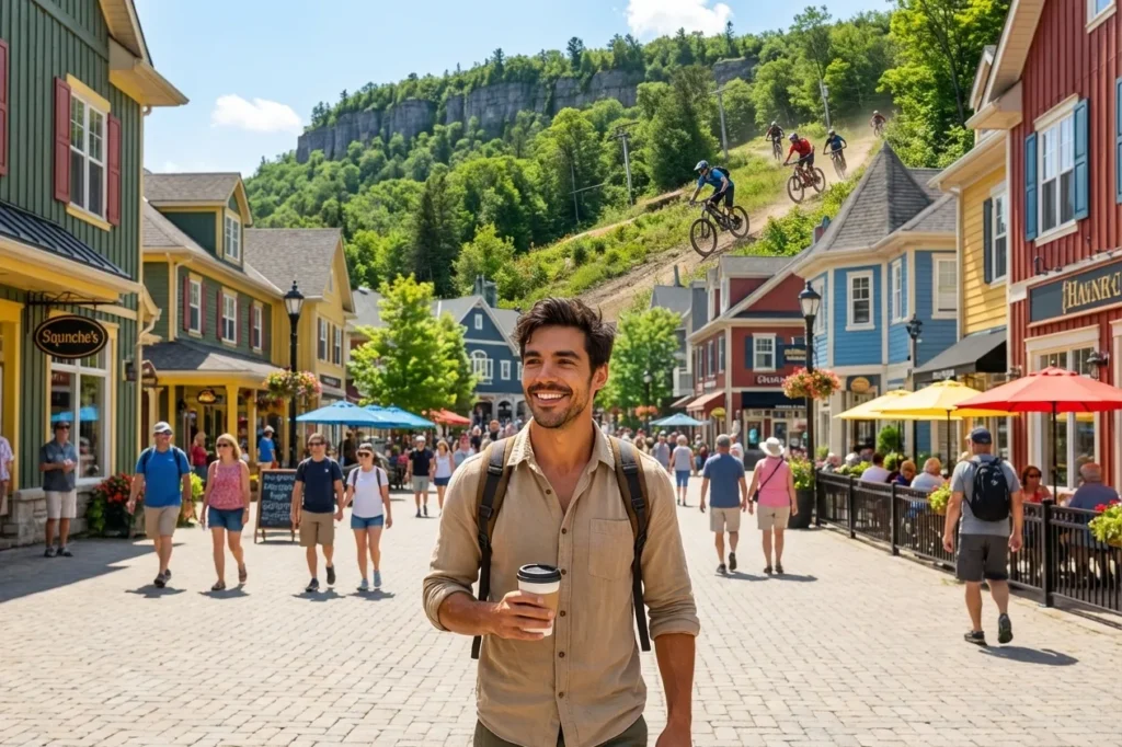 Blue Mountain Village in summer with escarpment backdrop
