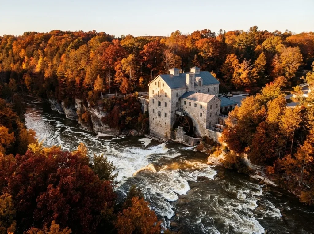 Elora Mill Hotel and Spa perched above the Grand River gorge in autumn - best hotels near Toronto for weekend getaways
