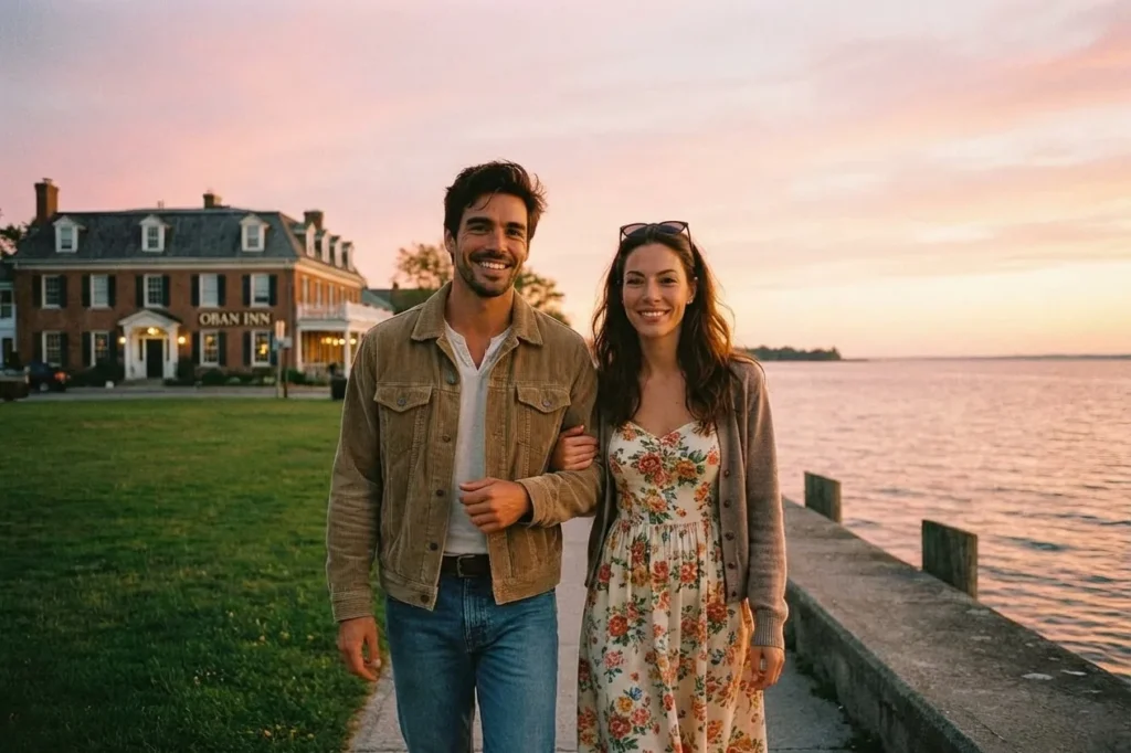 Siblings walking Niagara-on-the-Lake waterfront at sunset
