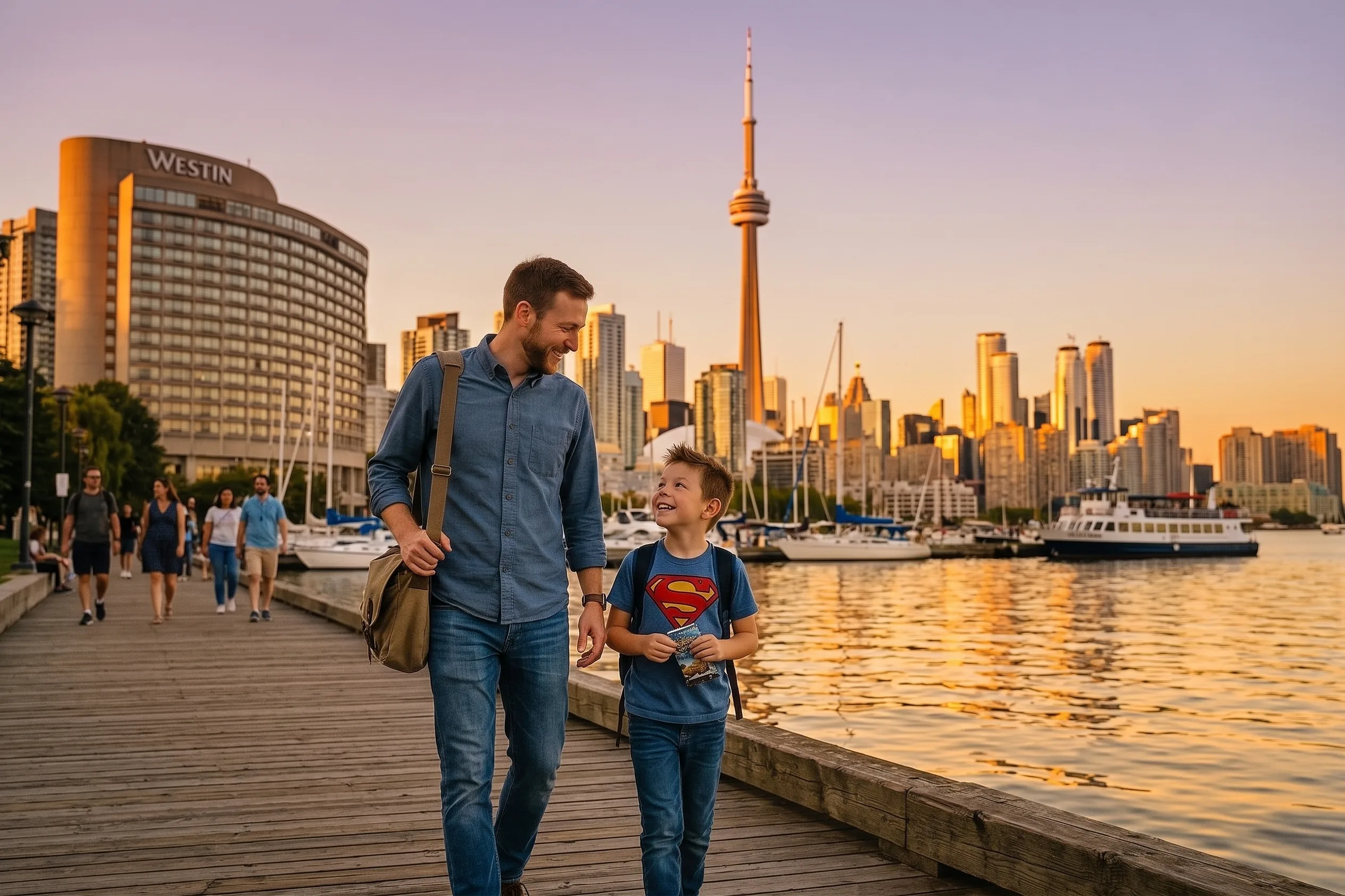 Caleb and Max walking Toronto waterfront boardwalk at sunset with CN Tower