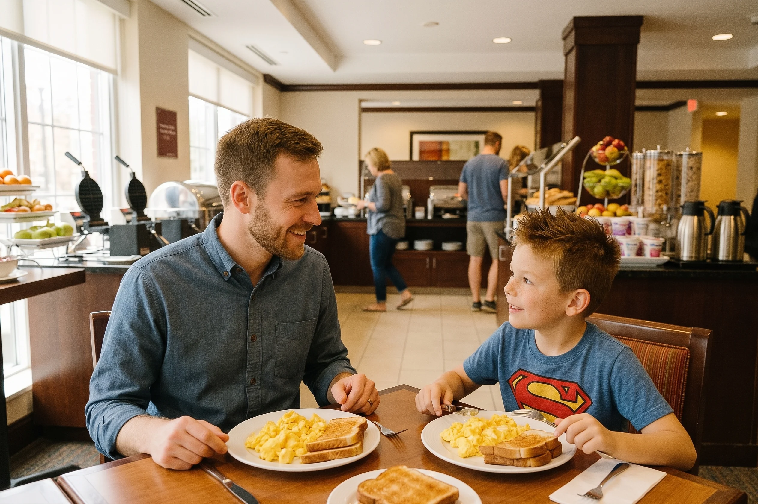 Caleb and Max enjoying free breakfast at Residence Inn Toronto Downtown