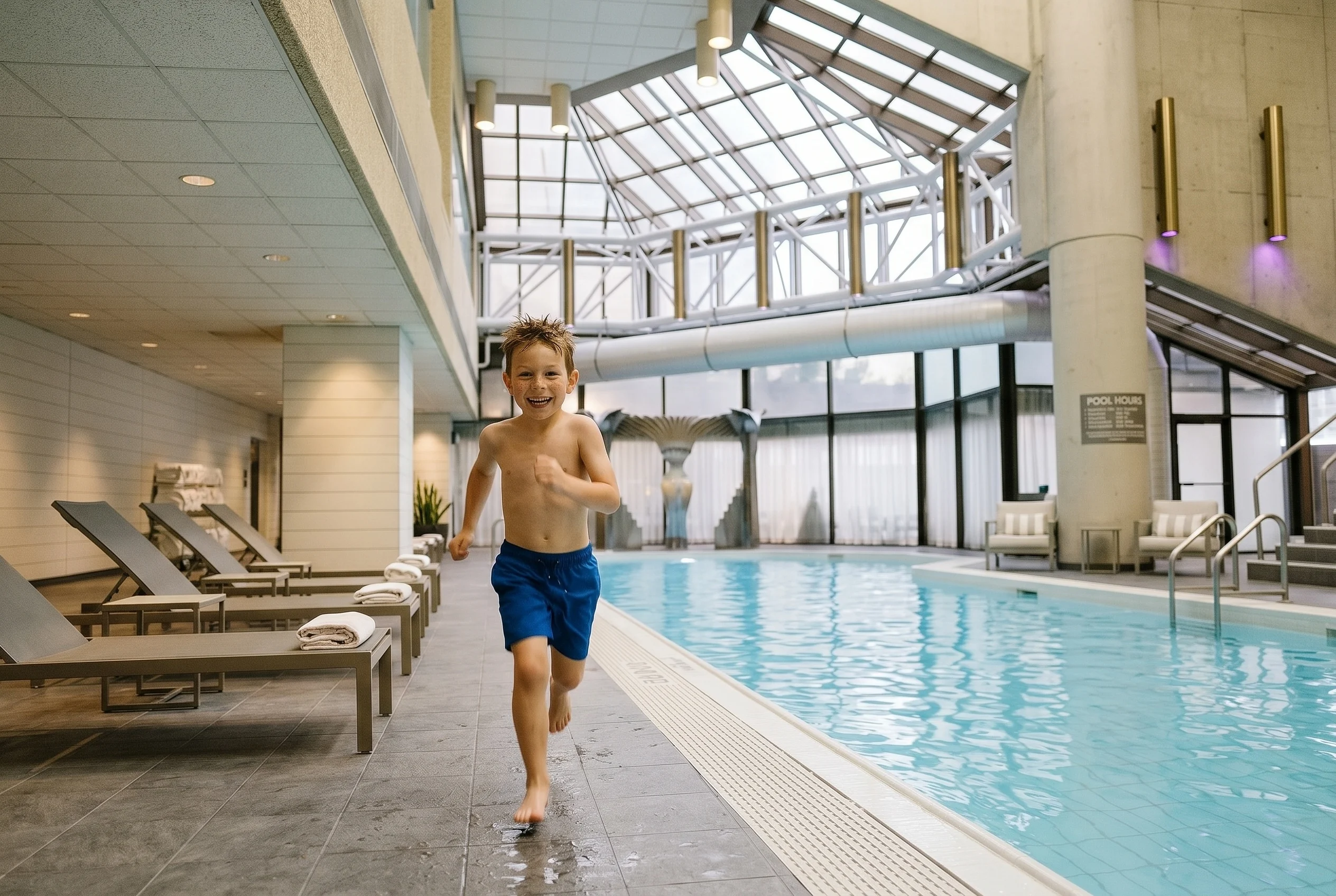 Max running to swim at InterContinental Toronto Centre indoor saline pool
