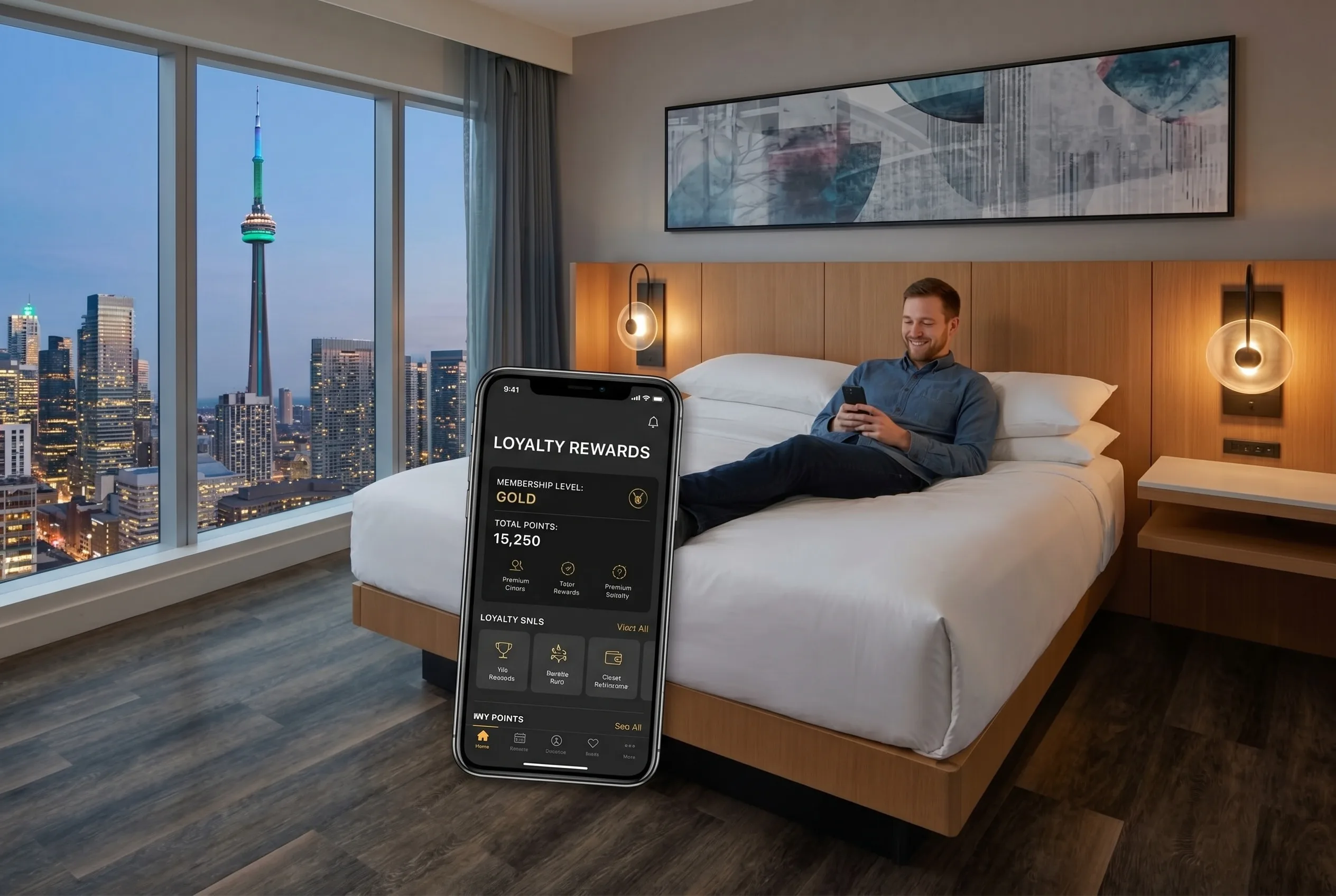 Hotel loyalty programs toronto - Caleb checking loyalty app in Toronto hotel room