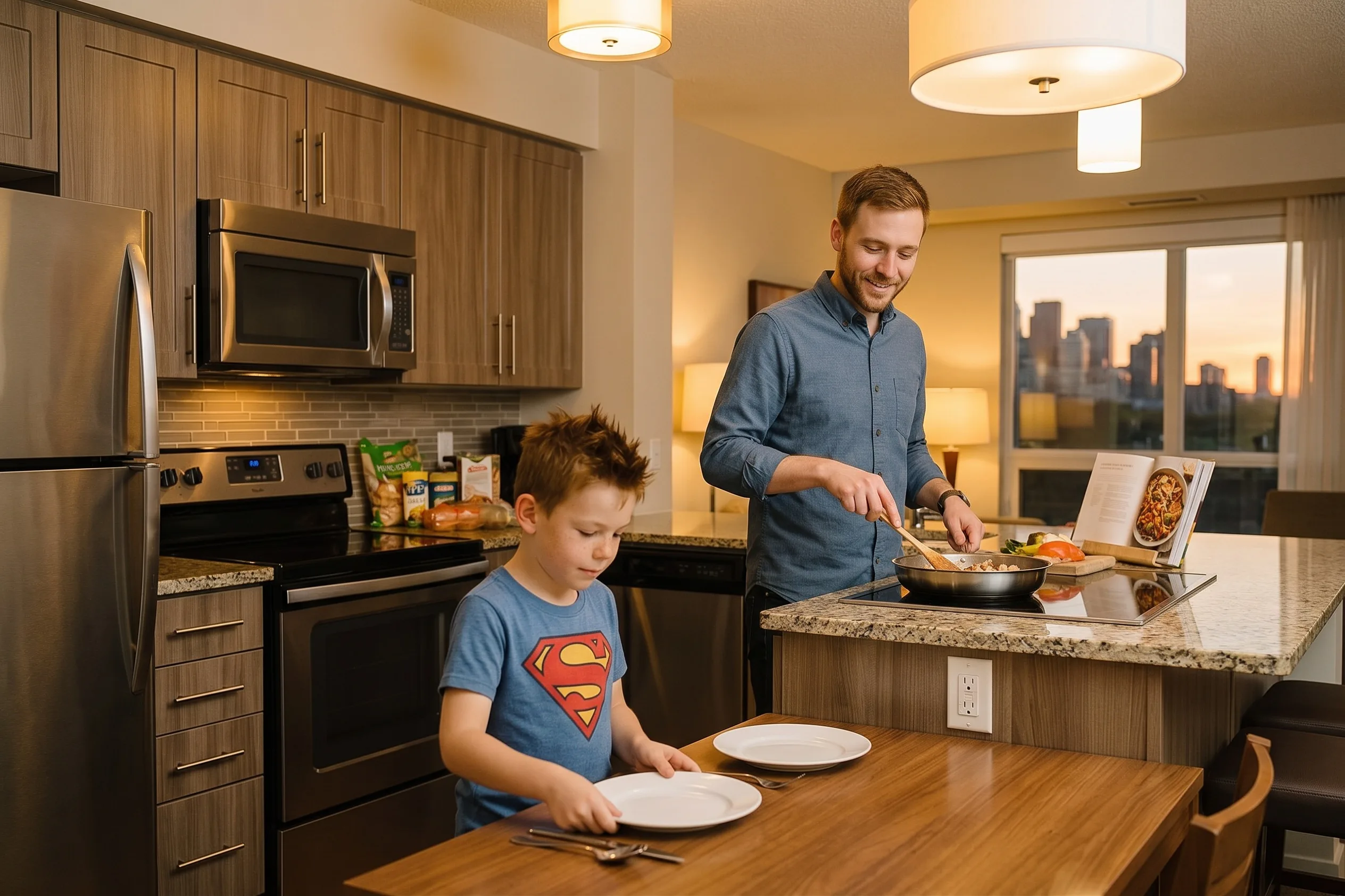 Caleb cooking dinner in Residence Inn Toronto suite kitchen with Max