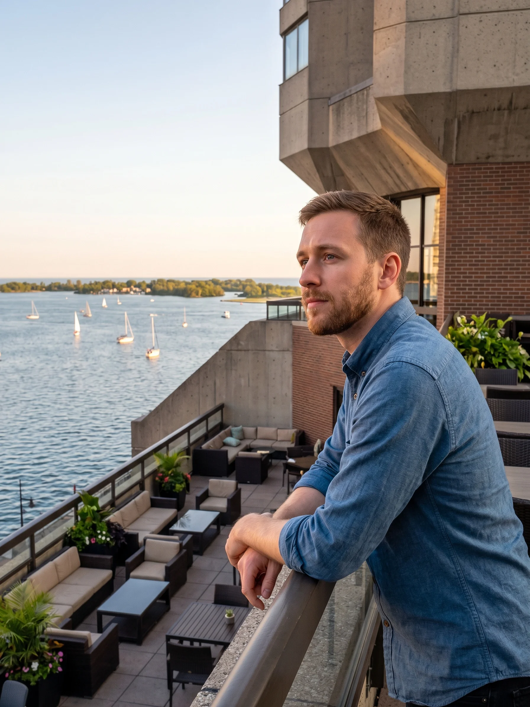 Caleb at Westin Harbour Castle waterfront terrace Lake Ontario view
