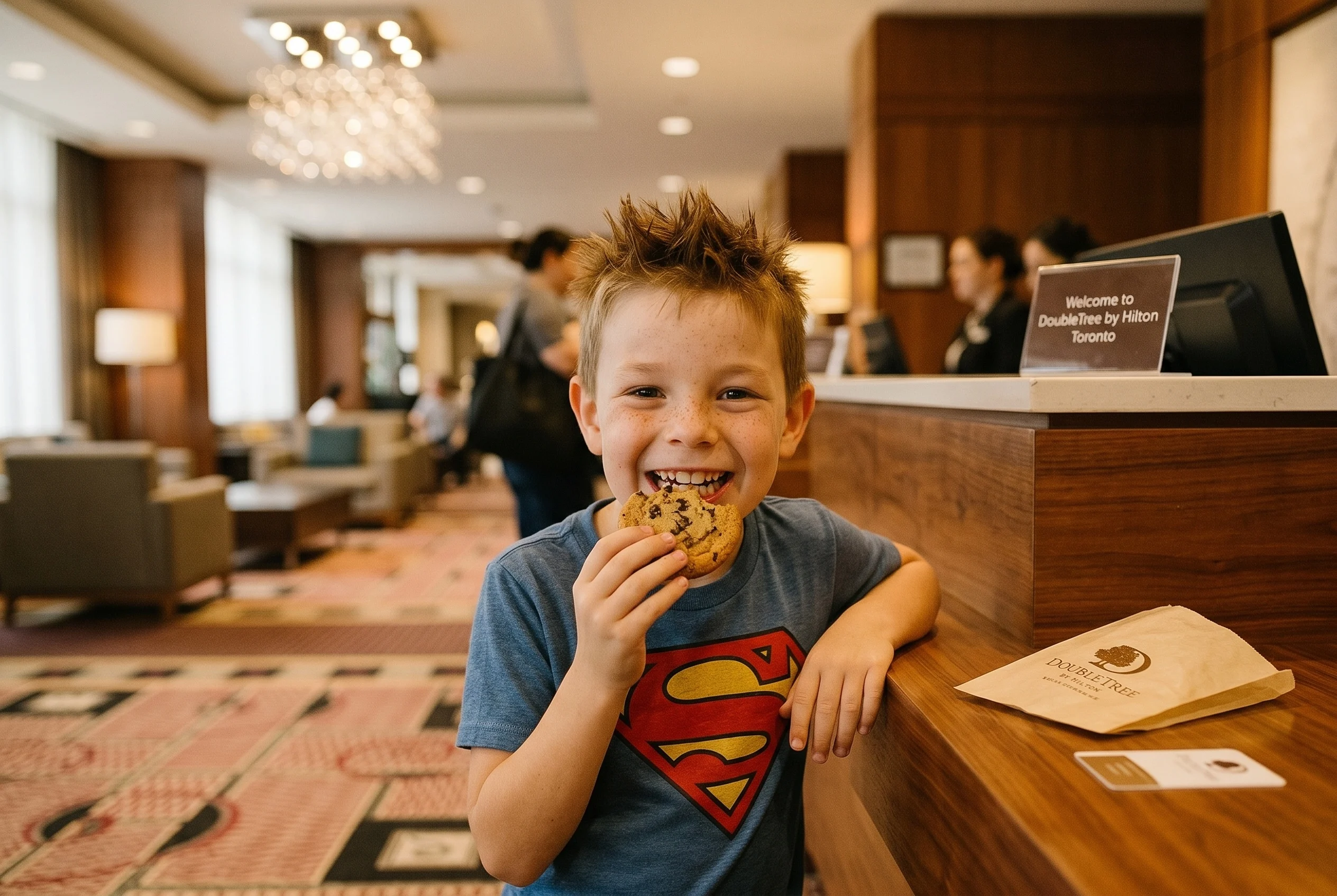 Max eating DoubleTree signature warm cookie at Toronto hotel check-in