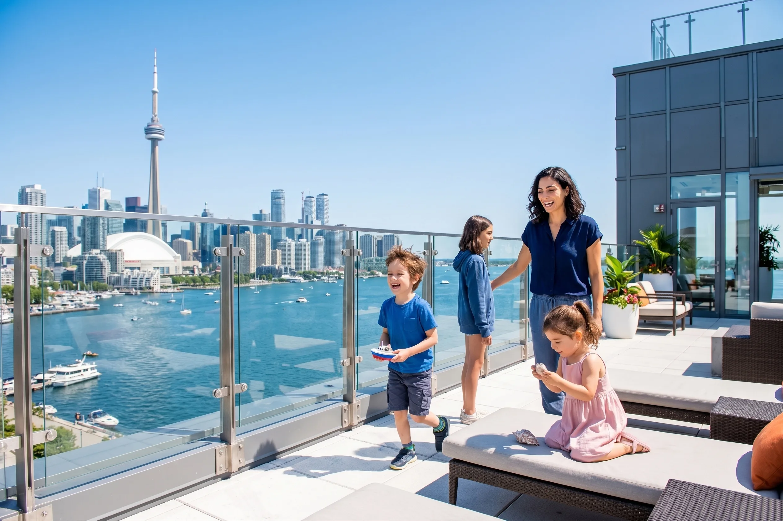 Mara with kids at Hotel X Toronto rooftop pool overlooking Lake Ontario