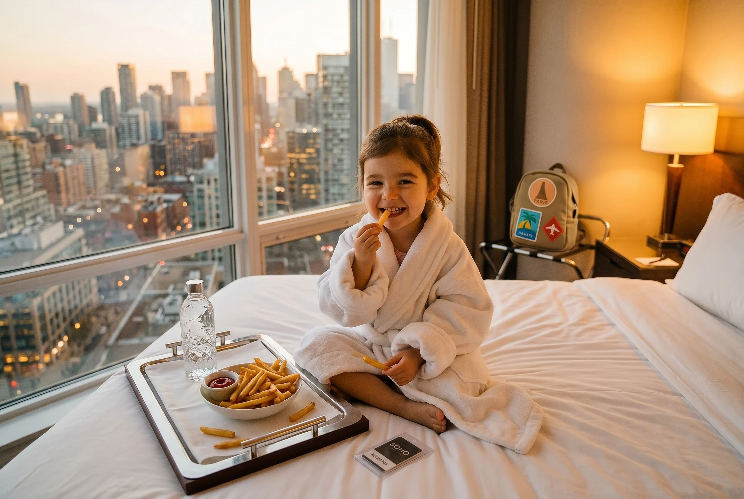 Zoe in oversized hotel robe eating room service on luxury hotel bed